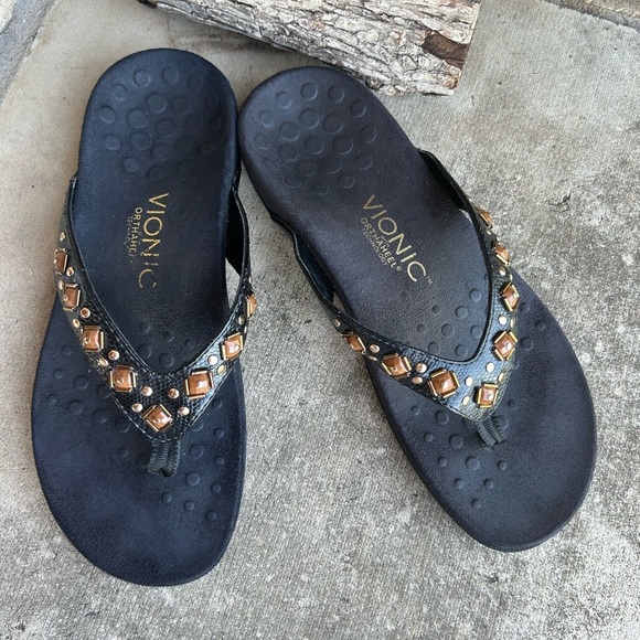 VIONIC Rest Floriana Black toe post Sandals w/Eye-Catching Beaded Design Sz-6. N - Picture 2 of 12